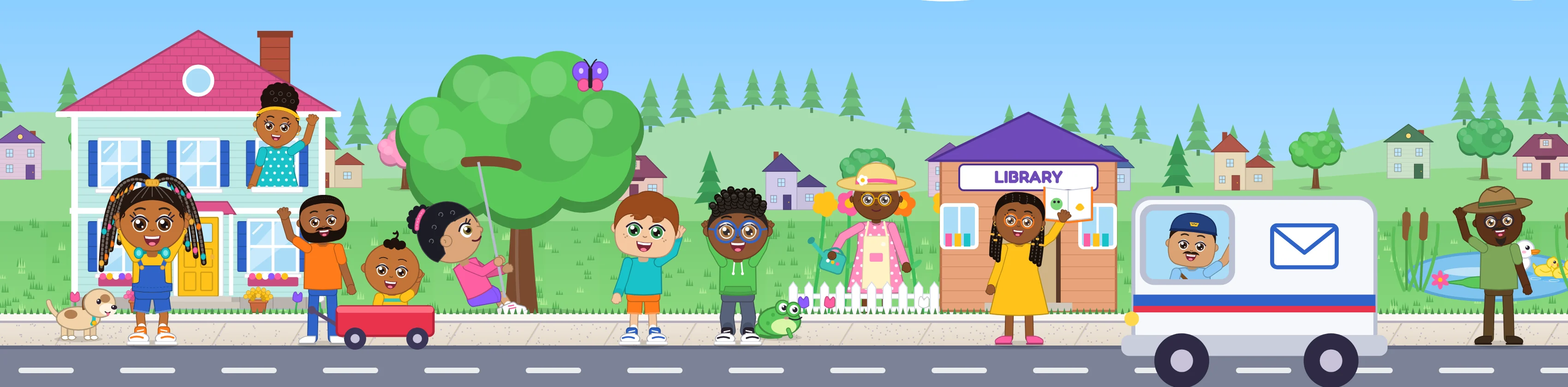 Nomi's neighborhood: Mommy waving from the window, Daddy, Nomi, Biscuit and Baby JoJo in a wagon, Mei on the tree swing, Leo and Malik, Grandma Pearl in her garden, Ms. Keisha at the library, Mr. Rivera in his mail truck and Mr. Darnell at Sunny Pond