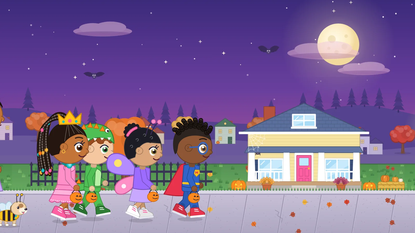 Nomi and her friends trick-or-treating in costume on a moonlit street decorated for Halloween